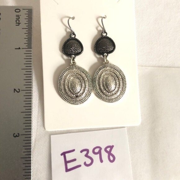 Textured Silver Gunmetal Oval Round Dangle Pierced Earrings - Picture 4 of 5